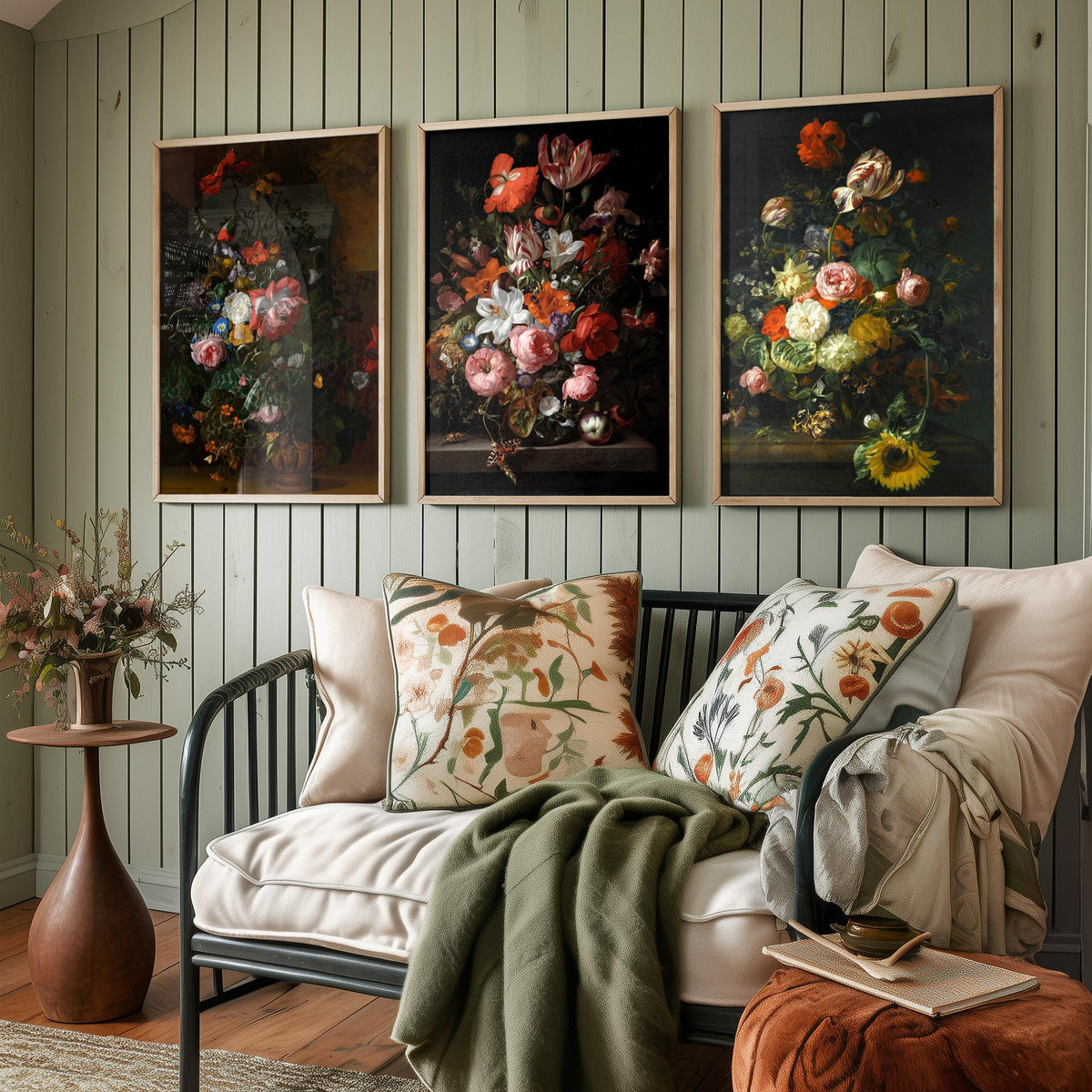 Rachel Ruysch Flower Still Life Set of Three Art Prints - Dutch Golden Age Bouquets - Dark Floral Painting Poster V1