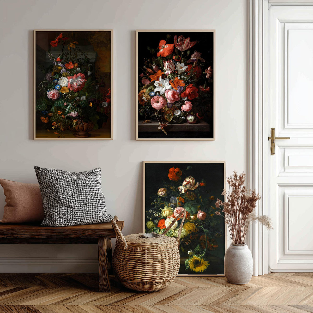 Rachel Ruysch Flower Still Life Set of Three Art Prints - Dutch Golden Age Bouquets - Dark Floral Painting Poster V1