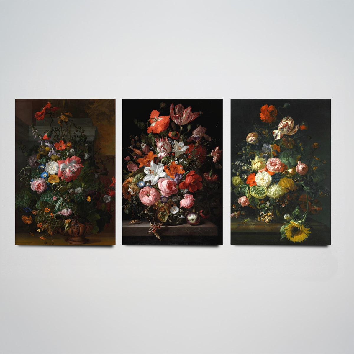Rachel Ruysch Flower Still Life Set of Three Art Prints - Dutch Golden Age Bouquets - Dark Floral Painting Poster V1
