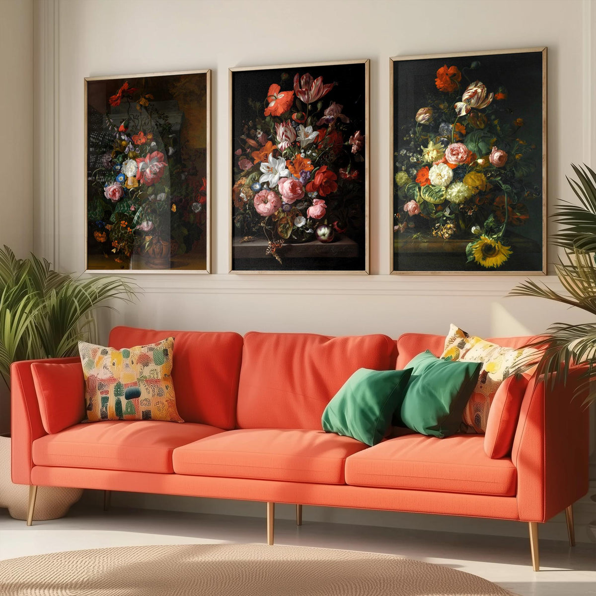 Rachel Ruysch Flower Still Life Set of Three Art Prints - Dutch Golden Age Bouquets - Dark Floral Painting Poster V1