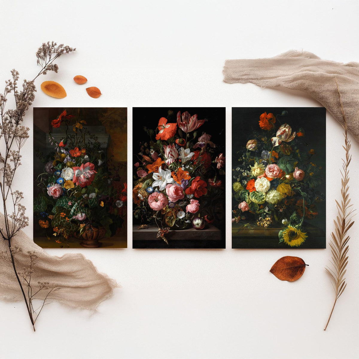 Rachel Ruysch Flower Still Life Set of Three Art Prints - Dutch Golden Age Bouquets - Dark Floral Painting Poster V1