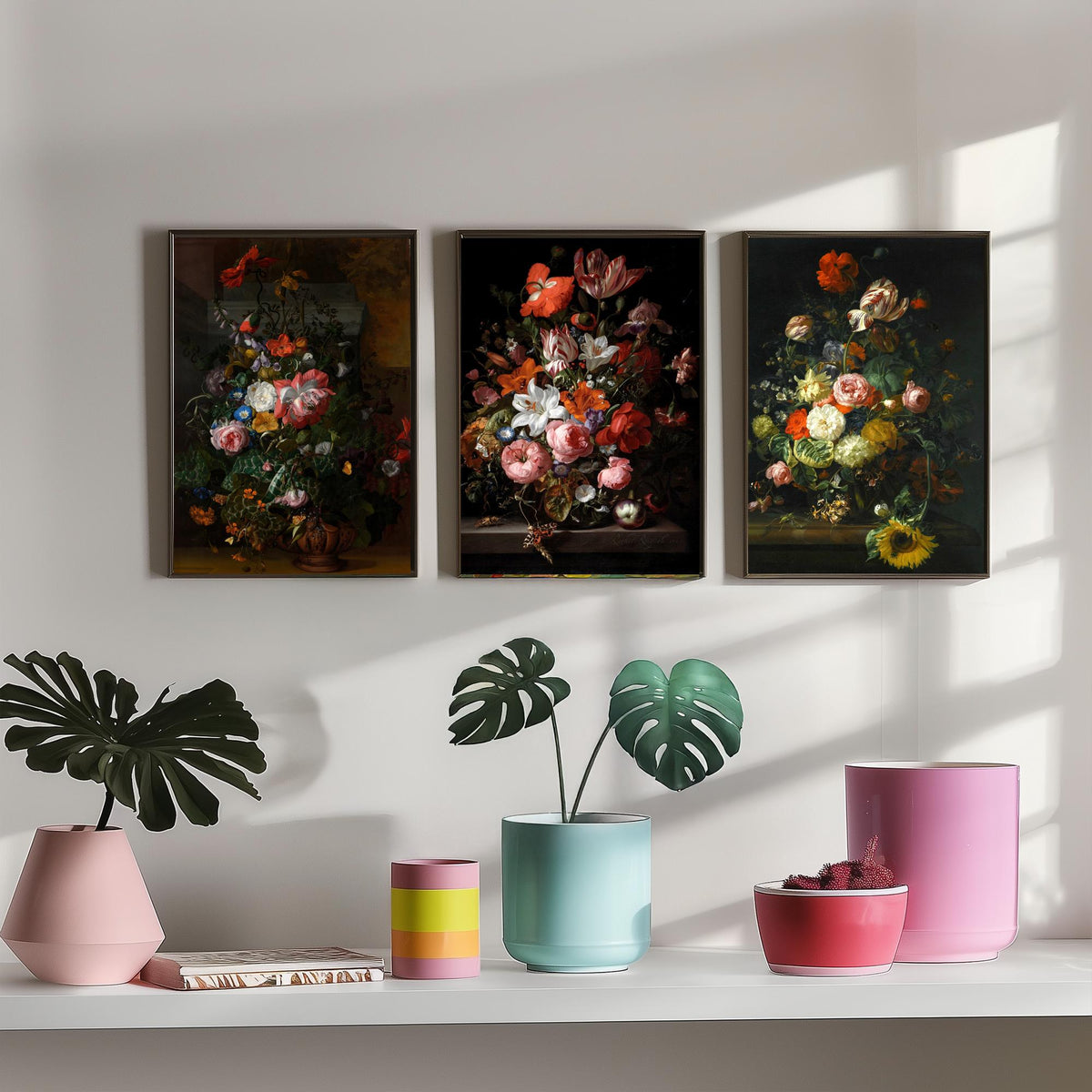 Rachel Ruysch Flower Still Life Set of Three Art Prints - Dutch Golden Age Bouquets - Dark Floral Painting Poster V1