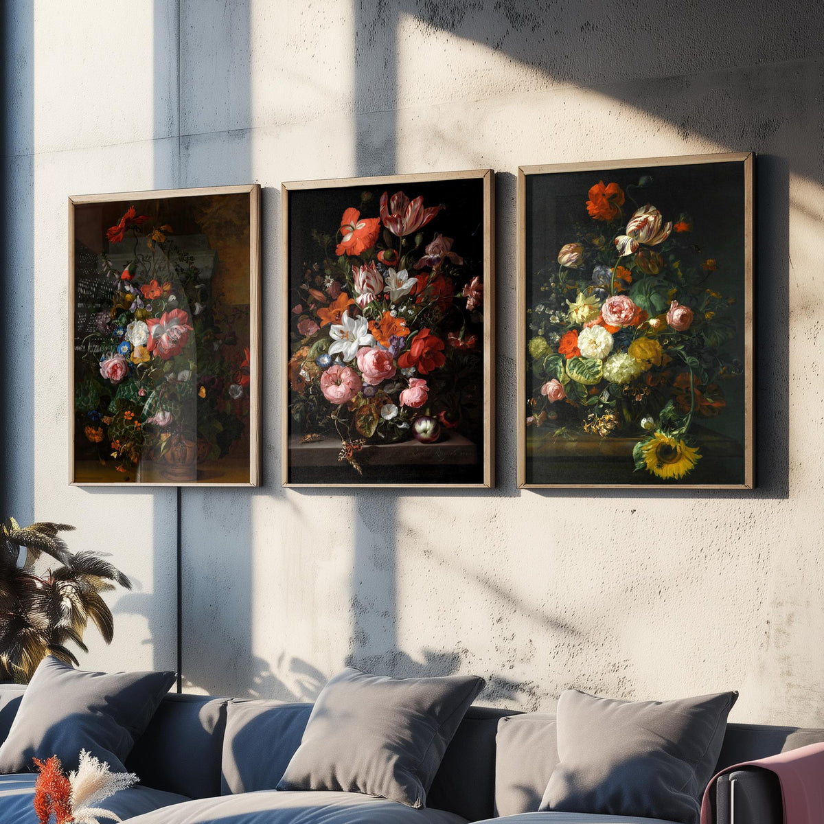 Rachel Ruysch Flower Still Life Set of Three Art Prints - Dutch Golden Age Bouquets - Dark Floral Painting Poster V1