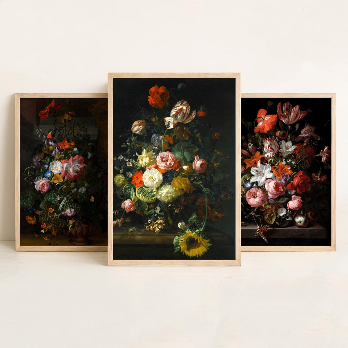 Rachel Ruysch Flower Still Life Set of Three Art Prints - Dutch Golden Age Bouquets - Dark Floral Painting Poster V1