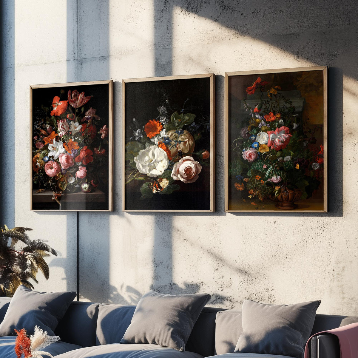 Rachel Ruysch Flower Still Life Set of Three Art Prints - Dutch Golden Age Bouquets - Dark Floral Painting Poster V2