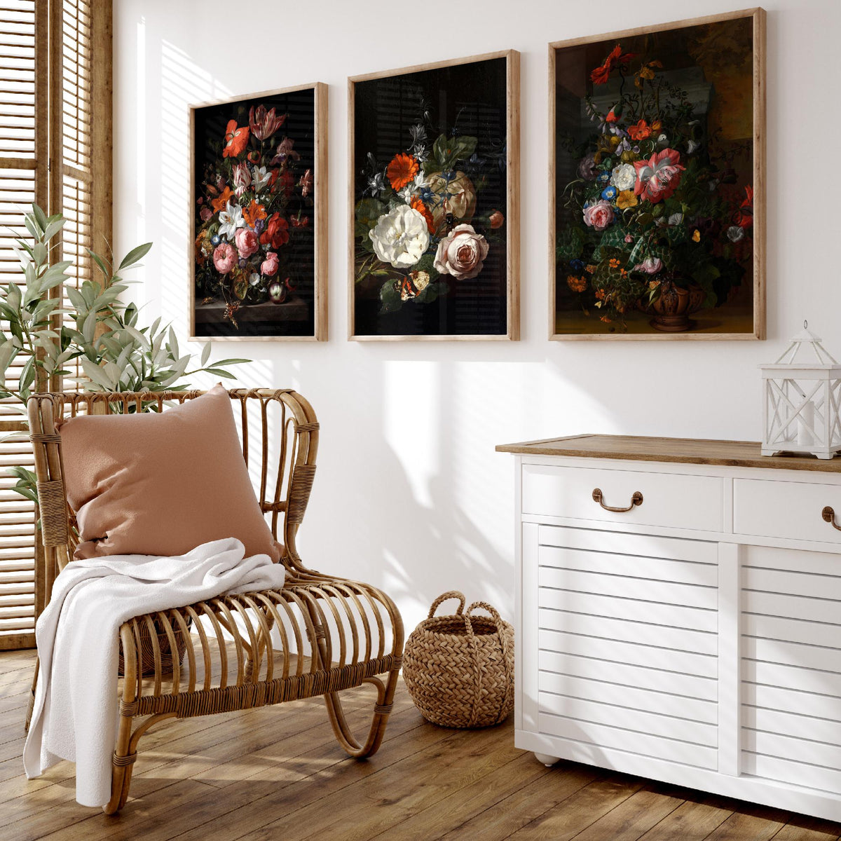Rachel Ruysch Flower Still Life Set of Three Art Prints - Dutch Golden Age Bouquets - Dark Floral Painting Poster V2