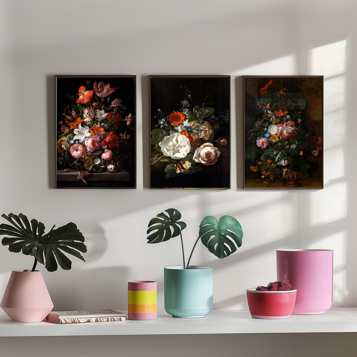 Rachel Ruysch Flower Still Life Set of Three Art Prints - Dutch Golden Age Bouquets - Dark Floral Painting Poster V2