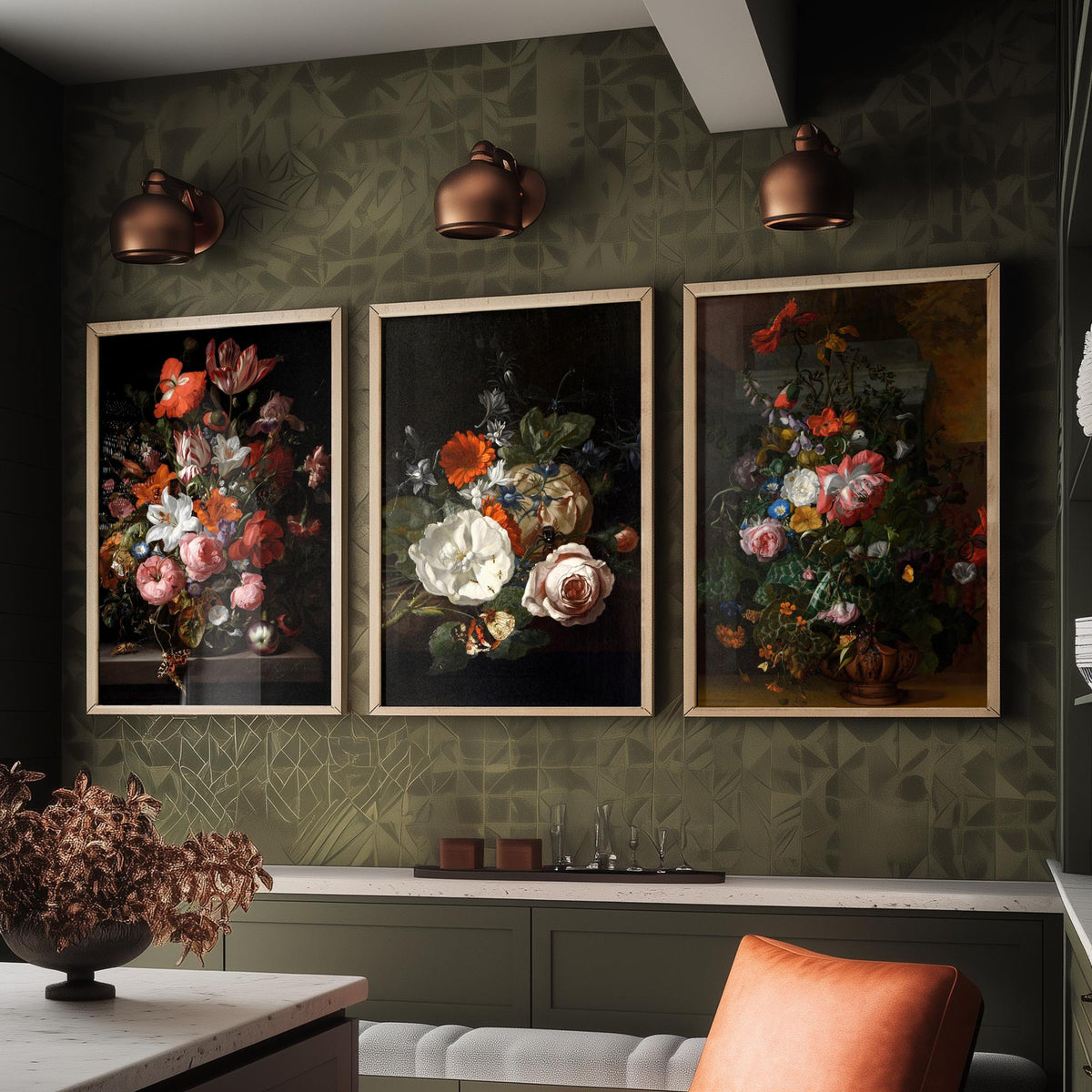 Rachel Ruysch Flower Still Life Set of Three Art Prints - Dutch Golden Age Bouquets - Dark Floral Painting Poster V2