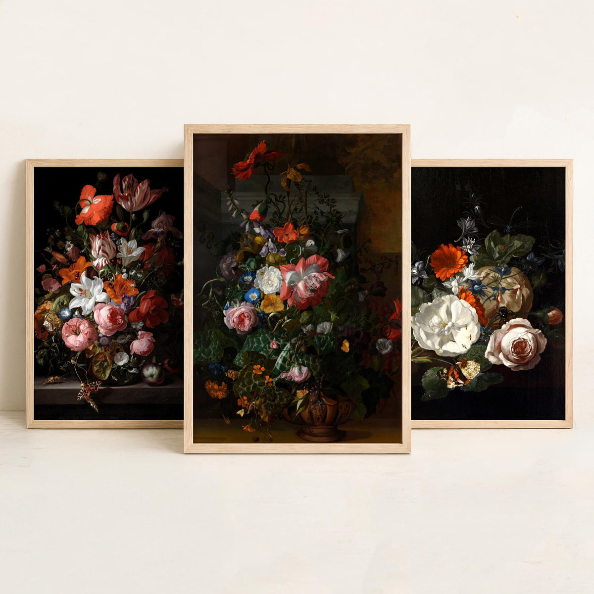 Rachel Ruysch Flower Still Life Set of Three Art Prints - Dutch Golden Age Bouquets - Dark Floral Painting Poster V2