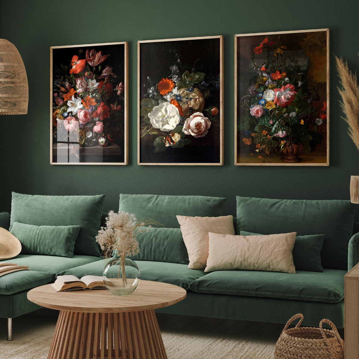 Rachel Ruysch Flower Still Life Set of Three Art Prints - Dutch Golden Age Bouquets - Dark Floral Painting Poster V2