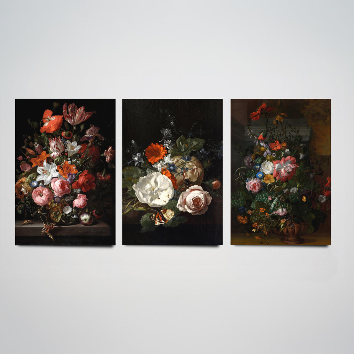 Rachel Ruysch Flower Still Life Set of Three Art Prints - Dutch Golden Age Bouquets - Dark Floral Painting Poster V2