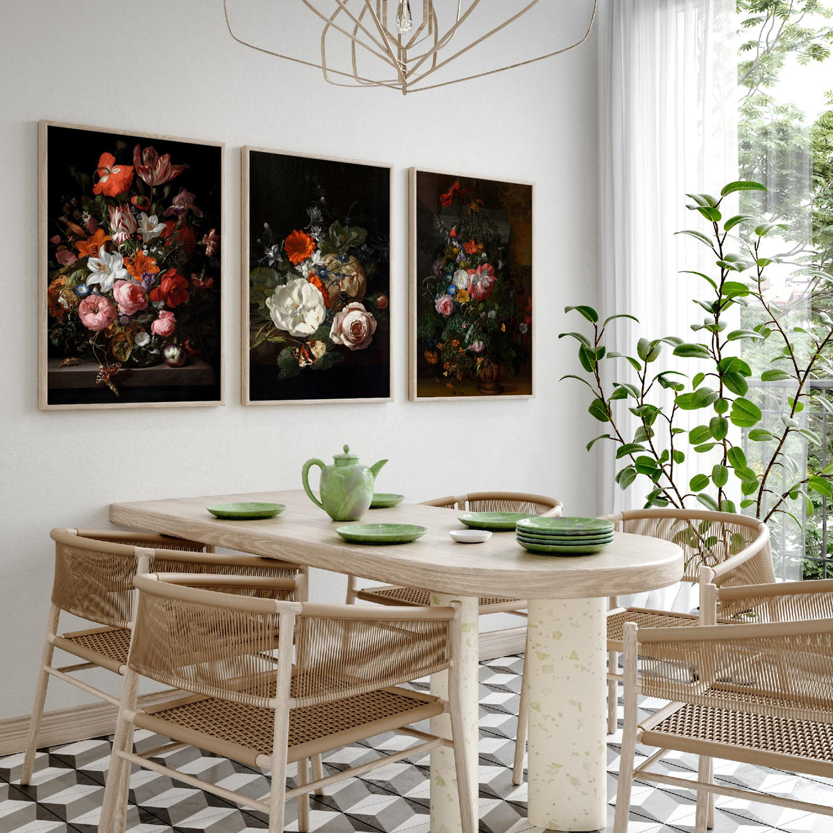 Rachel Ruysch Flower Still Life Set of Three Art Prints - Dutch Golden Age Bouquets - Dark Floral Painting Poster V2
