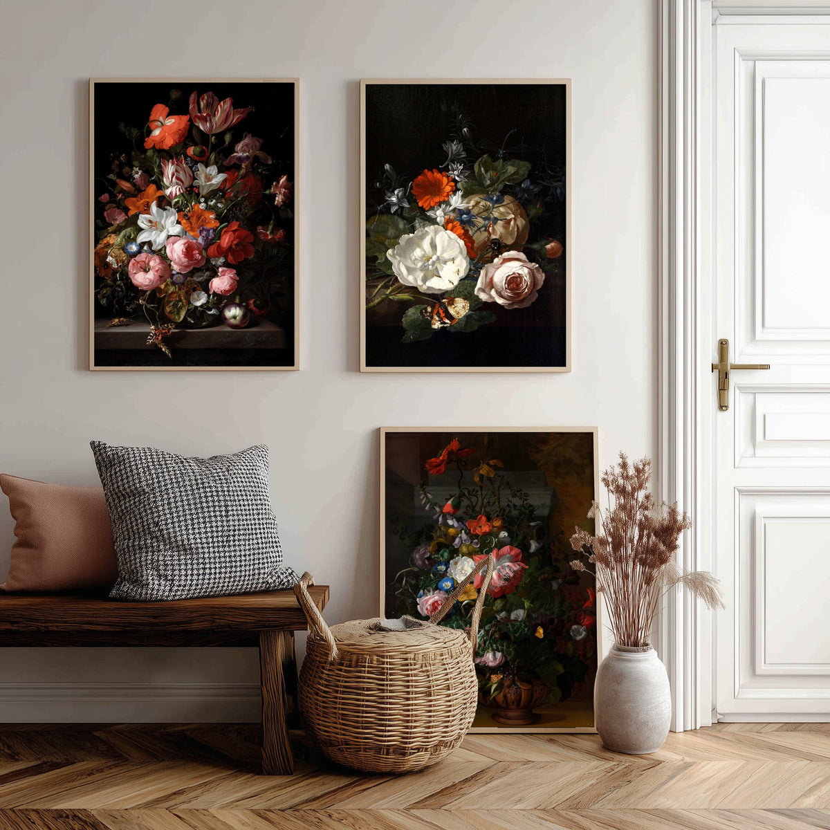 Rachel Ruysch Flower Still Life Set of Three Art Prints - Dutch Golden Age Bouquets - Dark Floral Painting Poster V2