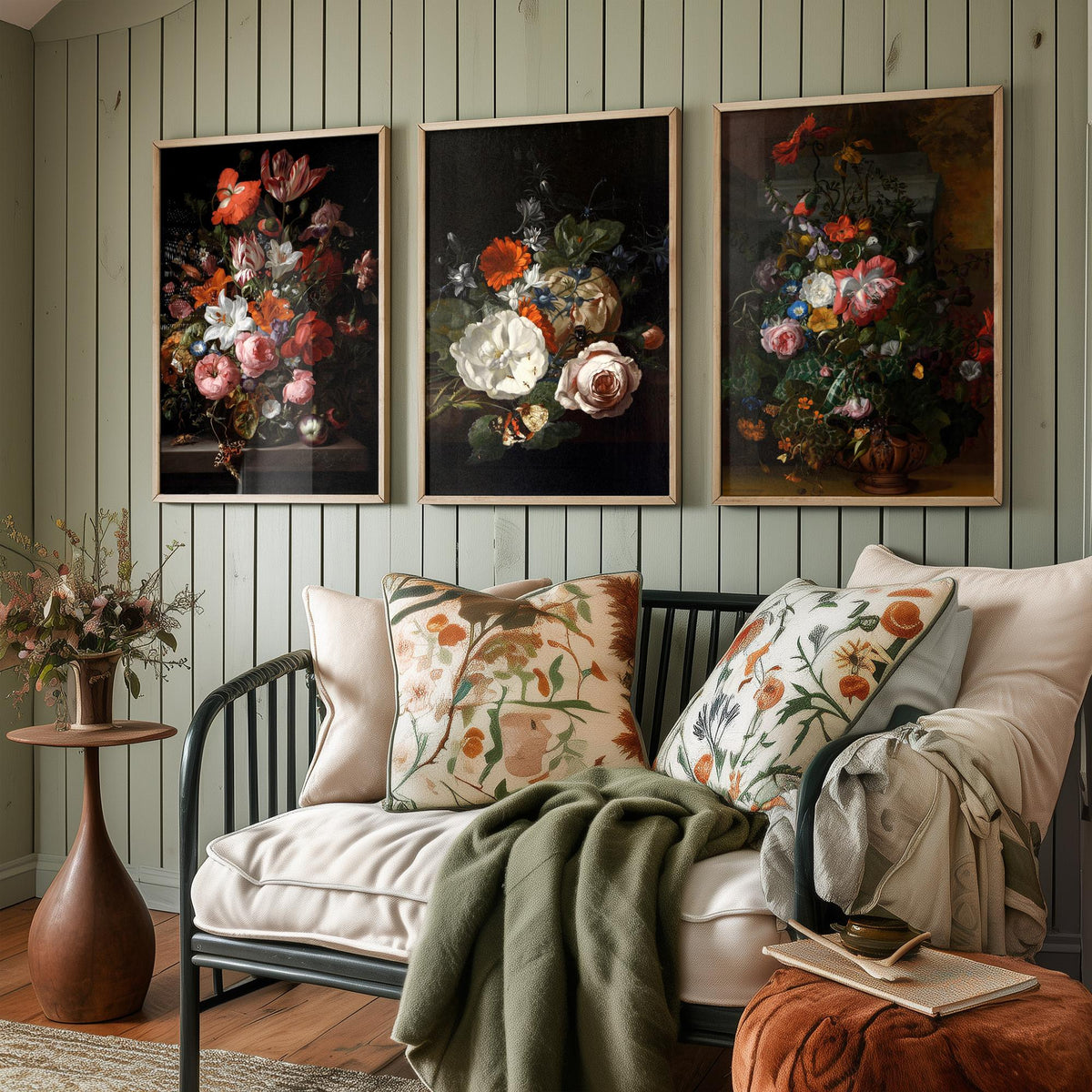 Rachel Ruysch Flower Still Life Set of Three Art Prints - Dutch Golden Age Bouquets - Dark Floral Painting Poster V2