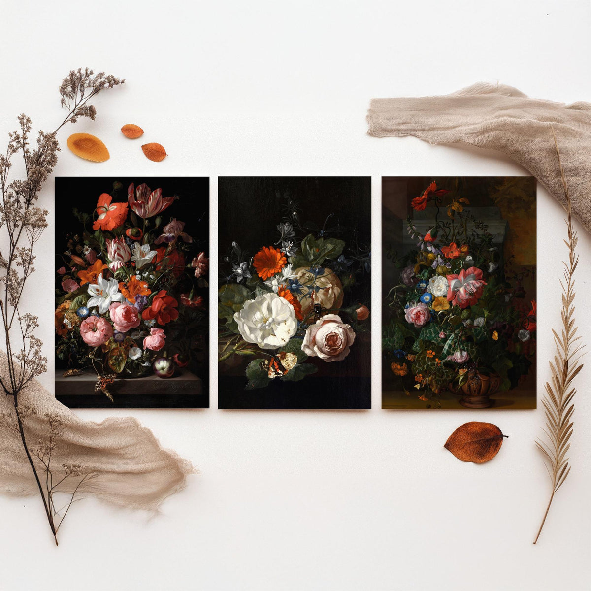 Rachel Ruysch Flower Still Life Set of Three Art Prints - Dutch Golden Age Bouquets - Dark Floral Painting Poster V2