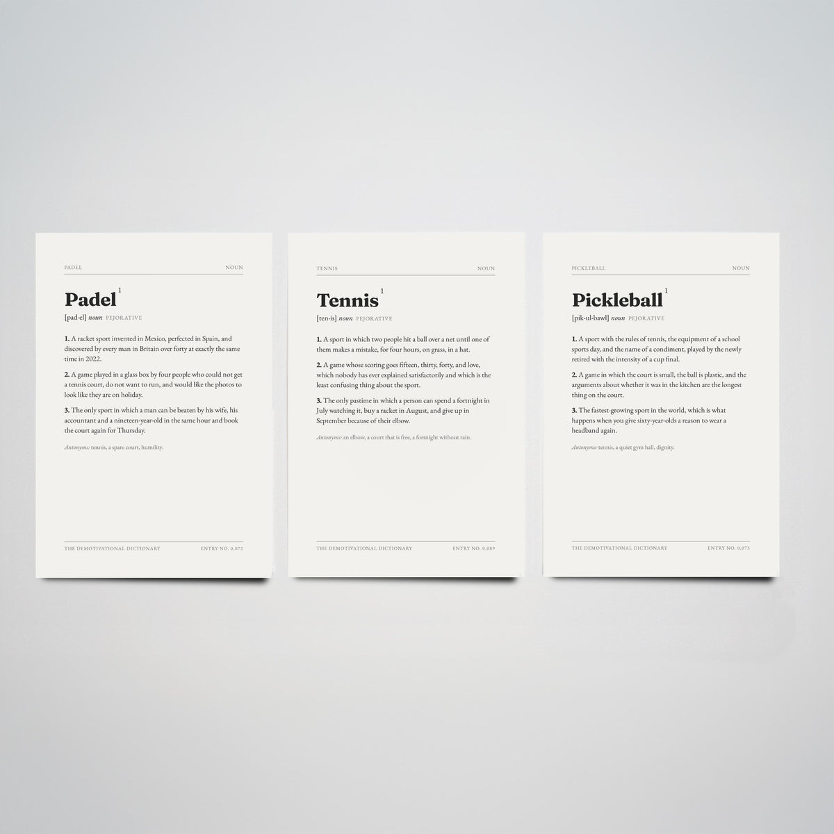 Racket Sports Demotivational Dictionary Set of Three Art Prints - Padel, Tennis, Pickleball - Funny Club Typography Poster
