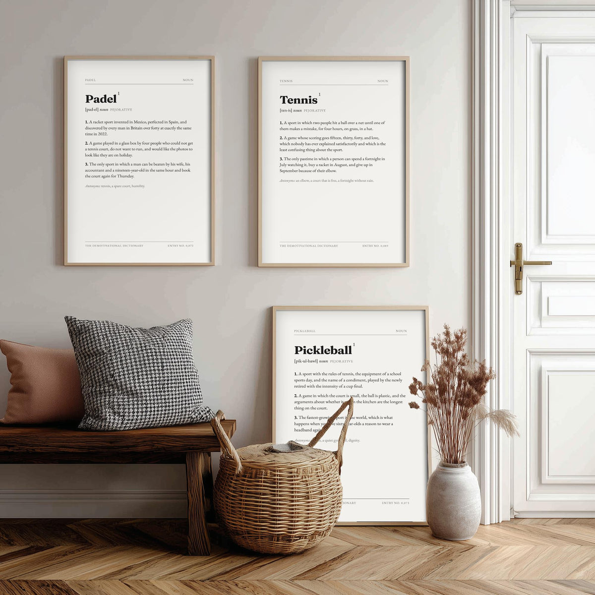 Racket Sports Demotivational Dictionary Set of Three Art Prints - Padel, Tennis, Pickleball - Funny Club Typography Poster