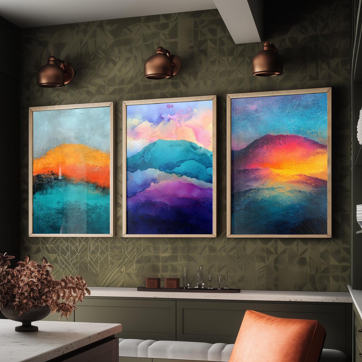Scafell Pike Lake District Set of Three Art Prints - 3 Radiant Pastel Mountain Posters - Abstract Painting Hiker Gift Decor