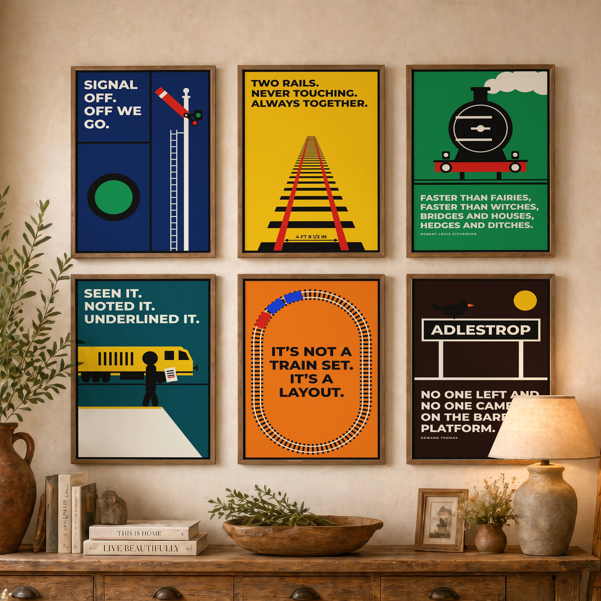 Set of Six Railways Quote Art Prints - 6 Bauhaus Trains Posters - Minimalist Travel Illustration - Steam Train, Signal