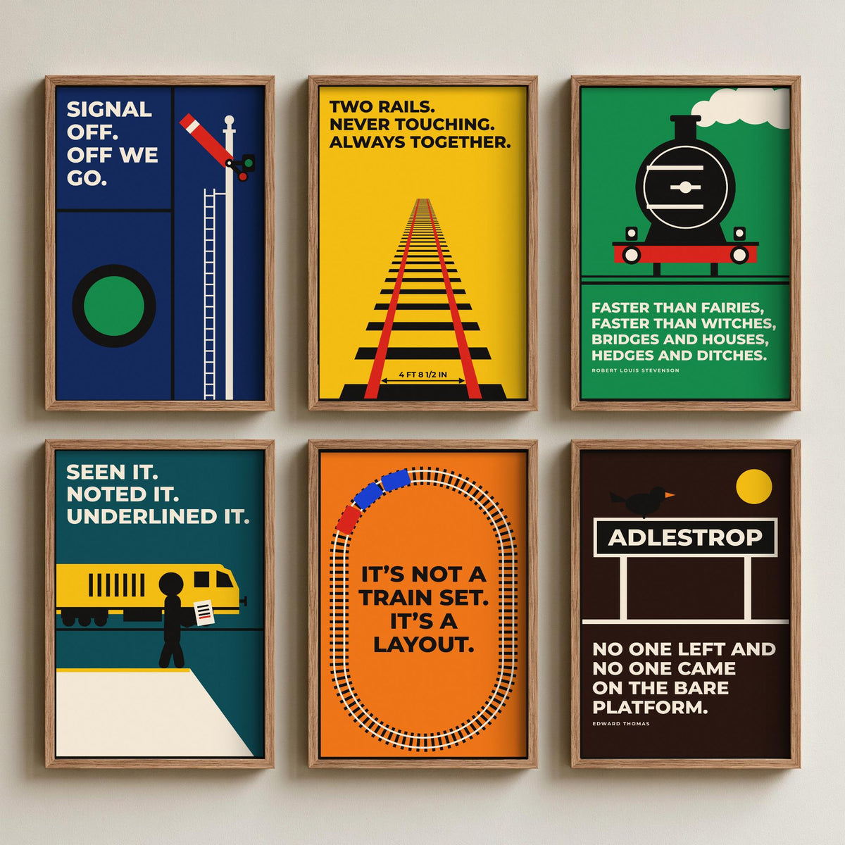 Set of Six Railways Quote Art Prints - 6 Bauhaus Trains Posters - Minimalist Travel Illustration - Steam Train, Signal