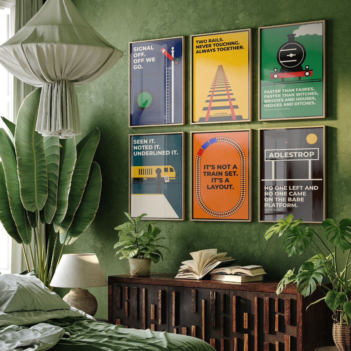 Set of Six Railways Quote Art Prints - 6 Bauhaus Trains Posters - Minimalist Travel Illustration - Steam Train, Signal