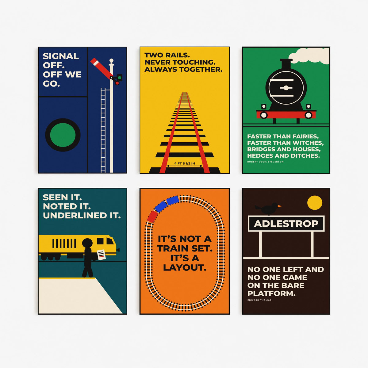 Set of Six Railways Quote Art Prints - 6 Bauhaus Trains Posters - Minimalist Travel Illustration - Steam Train, Signal