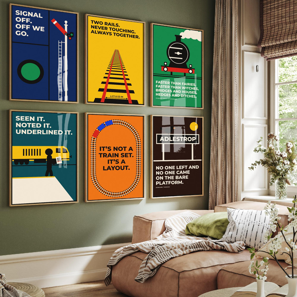 Set of Six Railways Quote Art Prints - 6 Bauhaus Trains Posters - Minimalist Travel Illustration - Steam Train, Signal