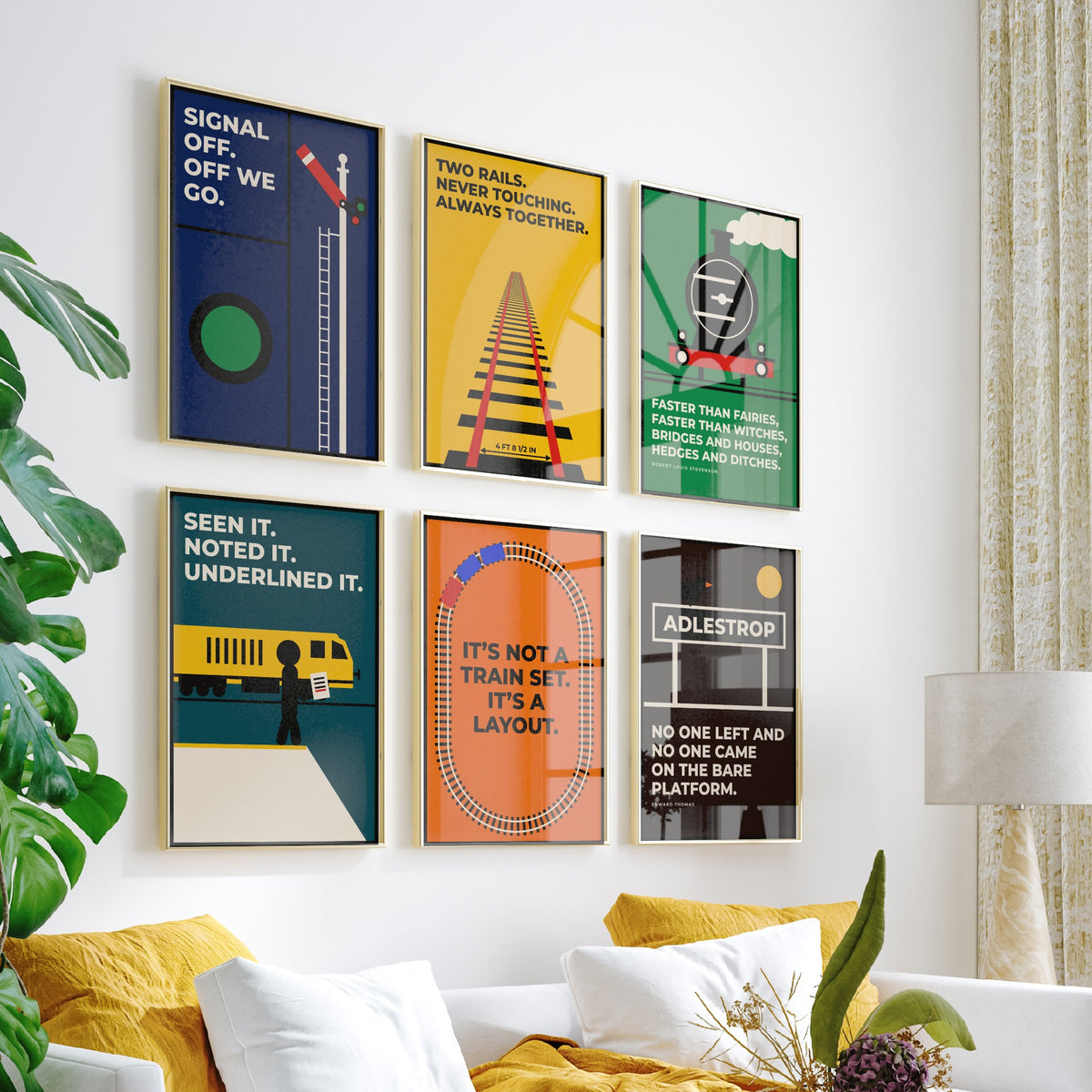 Set of Six Railways Quote Art Prints - 6 Bauhaus Trains Posters - Minimalist Travel Illustration - Steam Train, Signal