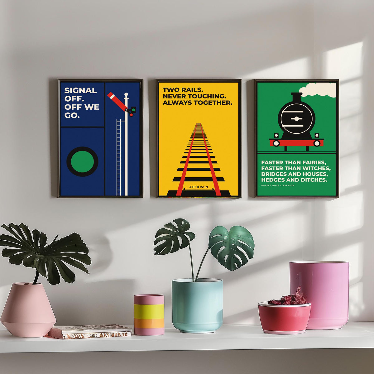 Railways Quotes Set of Three Art Prints - 3 Bauhaus Trains Posters - Minimalist Travel Wall Art Illustration V1