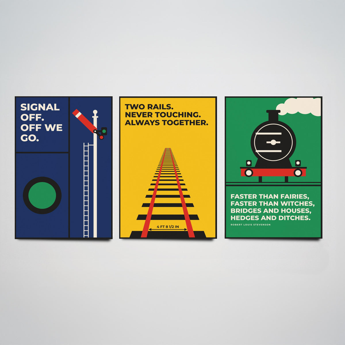 Railways Quotes Set of Three Art Prints - 3 Bauhaus Trains Posters - Minimalist Travel Wall Art Illustration V1