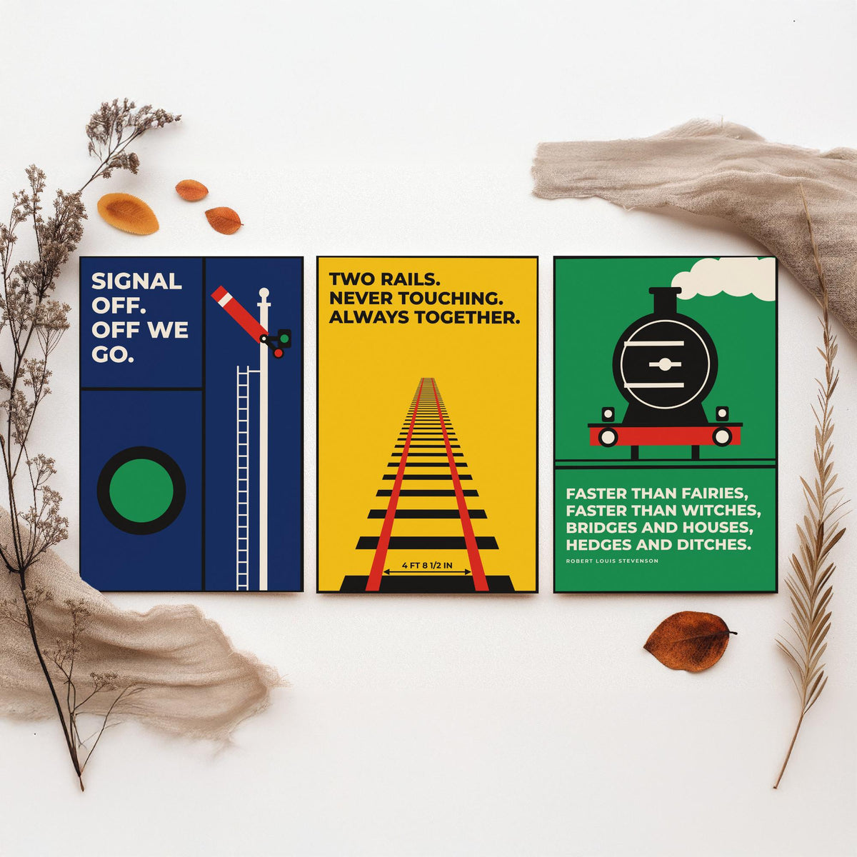 Railways Quotes Set of Three Art Prints - 3 Bauhaus Trains Posters - Minimalist Travel Wall Art Illustration V1