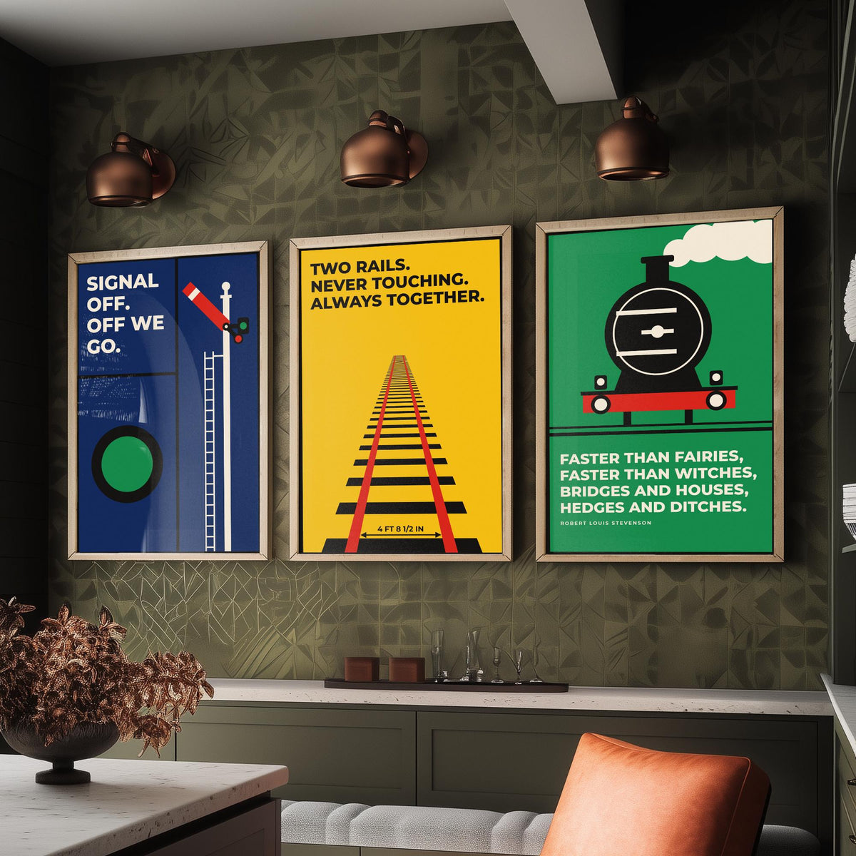 Railways Quotes Set of Three Art Prints - 3 Bauhaus Trains Posters - Minimalist Travel Wall Art Illustration V1