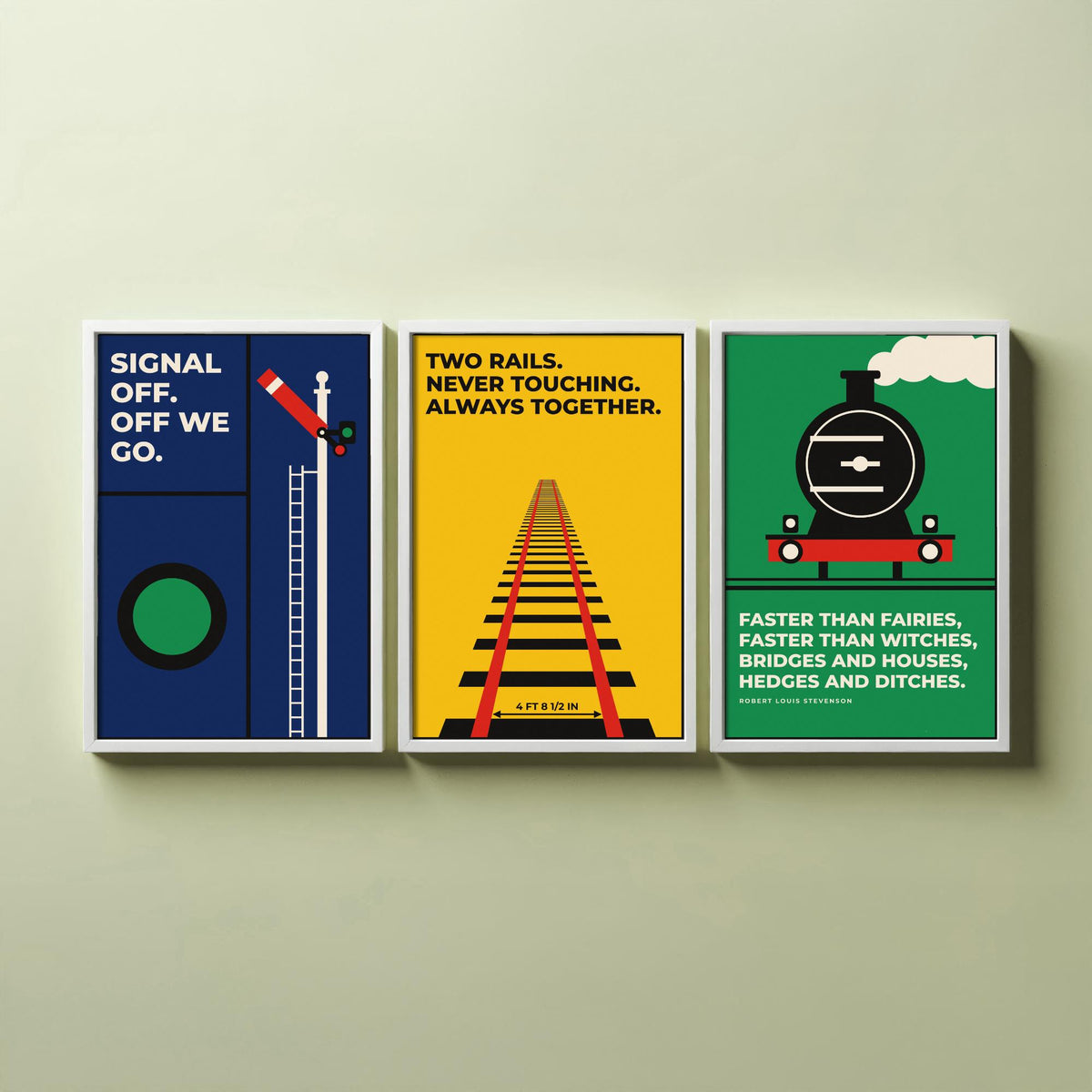 Railways Quotes Set of Three Art Prints - 3 Bauhaus Trains Posters - Minimalist Travel Wall Art Illustration V1