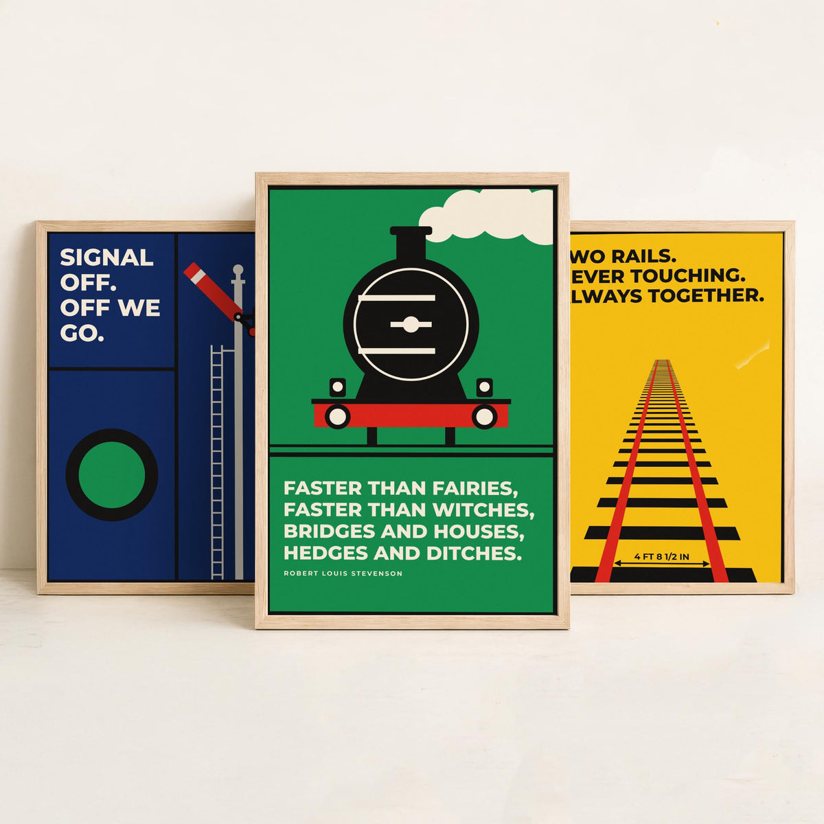 Railways Quotes Set of Three Art Prints - 3 Bauhaus Trains Posters - Minimalist Travel Wall Art Illustration V1