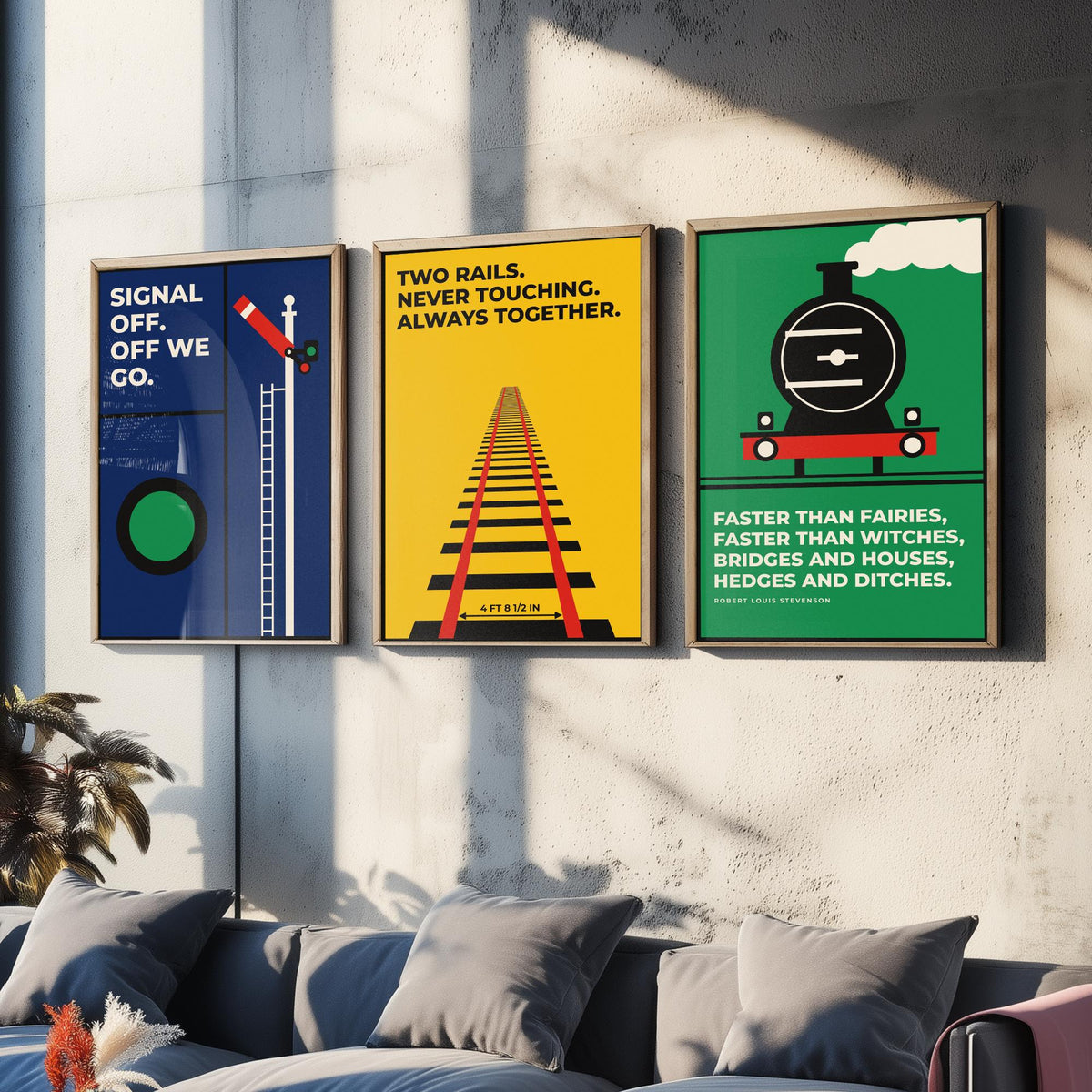 Railways Quotes Set of Three Art Prints - 3 Bauhaus Trains Posters - Minimalist Travel Wall Art Illustration V1