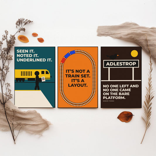 Railways Quotes Set of Three Art Prints - 3 Retro Bauhaus Trains Posters - Minimalist Travel Wall Art Illustration V2