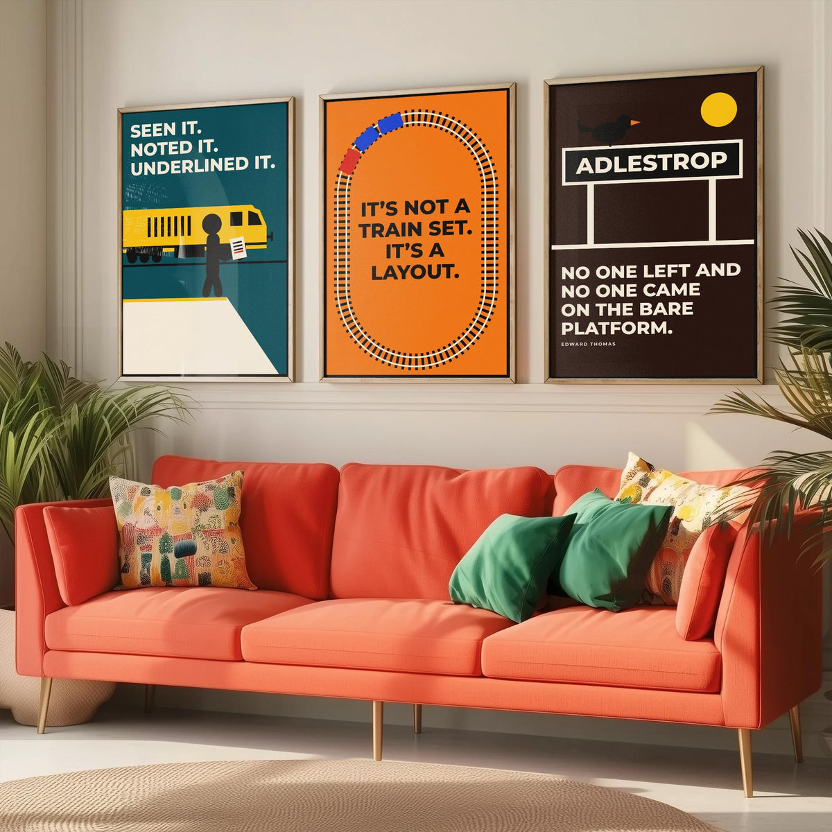 Railways Quotes Set of Three Art Prints - 3 Retro Bauhaus Trains Posters - Minimalist Travel Wall Art Illustration V2
