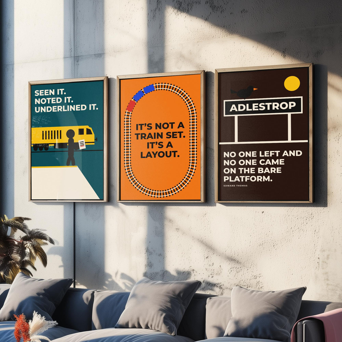 Railways Quotes Set of Three Art Prints - 3 Retro Bauhaus Trains Posters - Minimalist Travel Wall Art Illustration V2