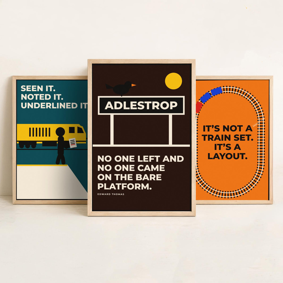 Railways Quotes Set of Three Art Prints - 3 Retro Bauhaus Trains Posters - Minimalist Travel Wall Art Illustration V2