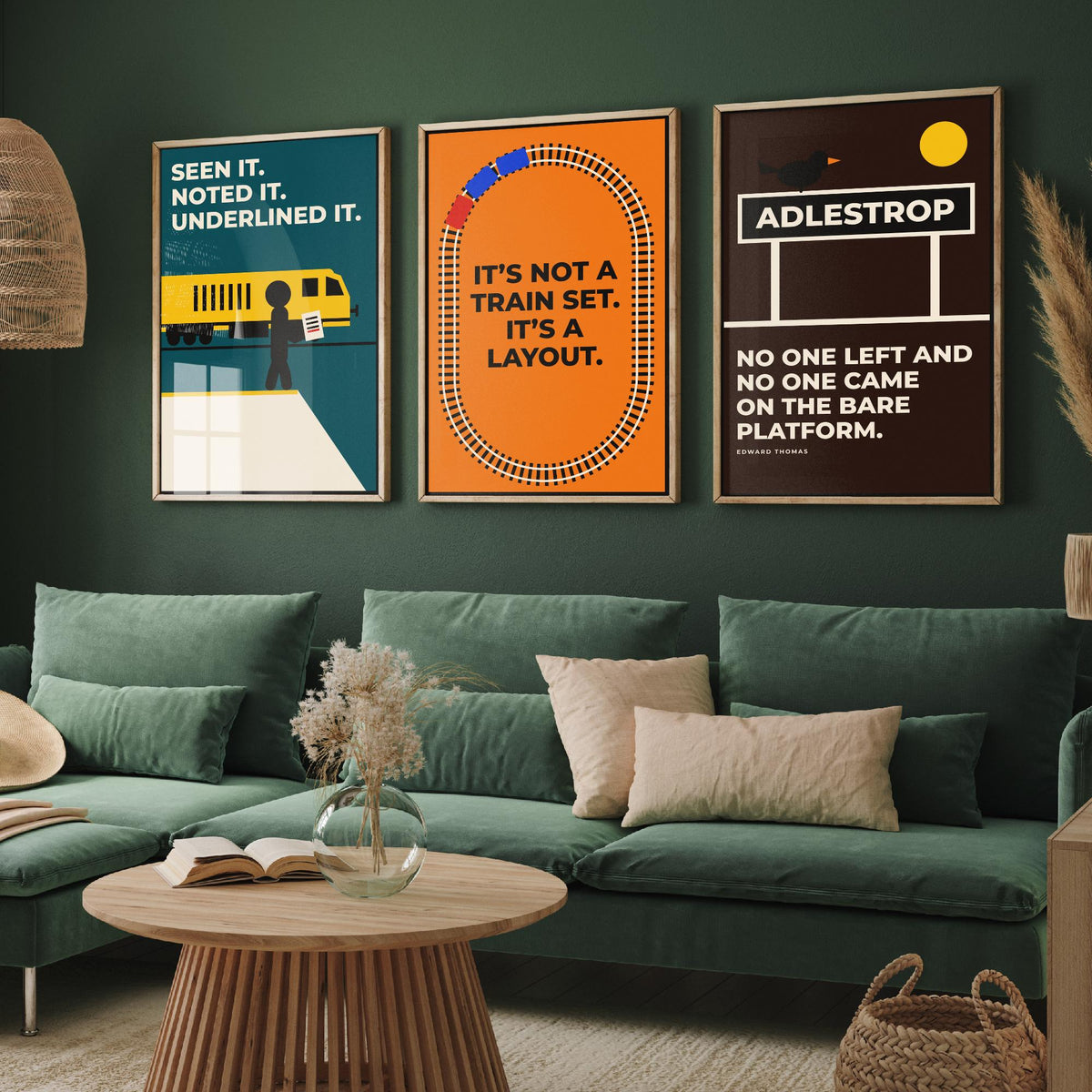 Railways Quotes Set of Three Art Prints - 3 Retro Bauhaus Trains Posters - Minimalist Travel Wall Art Illustration V2
