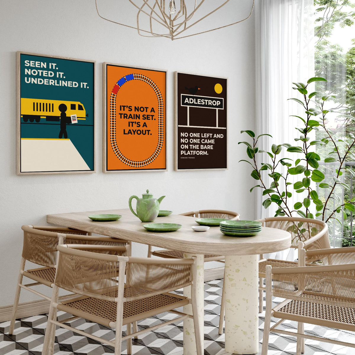 Railways Quotes Set of Three Art Prints - 3 Retro Bauhaus Trains Posters - Minimalist Travel Wall Art Illustration V2