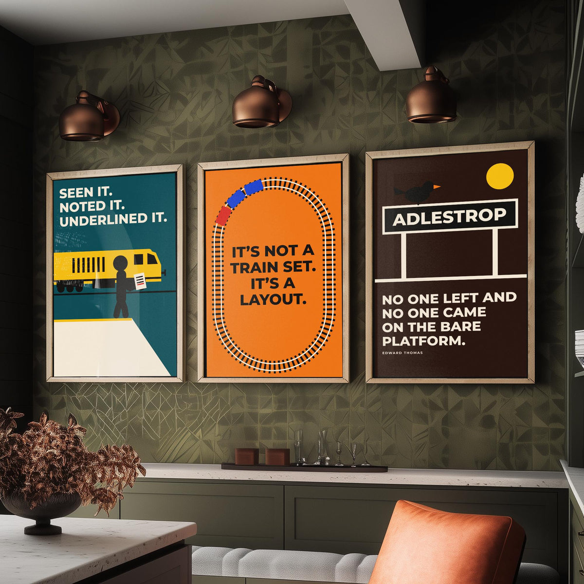 Railways Quotes Set of Three Art Prints - 3 Retro Bauhaus Trains Posters - Minimalist Travel Wall Art Illustration V2