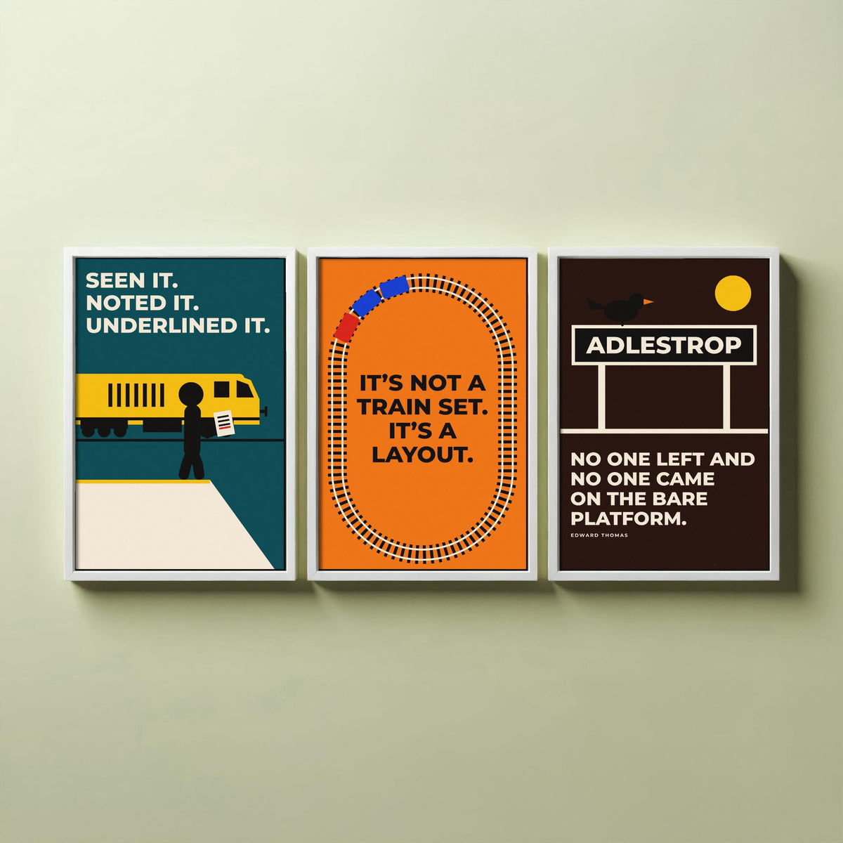 Railways Quotes Set of Three Art Prints - 3 Retro Bauhaus Trains Posters - Minimalist Travel Wall Art Illustration V2