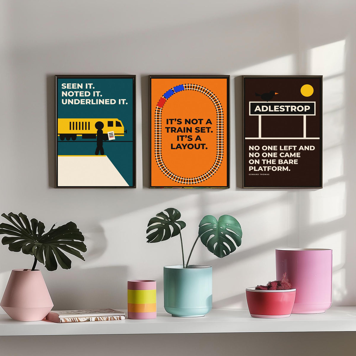 Railways Quotes Set of Three Art Prints - 3 Retro Bauhaus Trains Posters - Minimalist Travel Wall Art Illustration V2