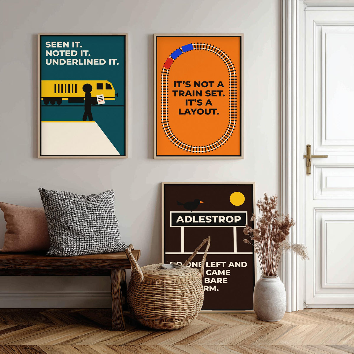 Railways Quotes Set of Three Art Prints - 3 Retro Bauhaus Trains Posters - Minimalist Travel Wall Art Illustration V2