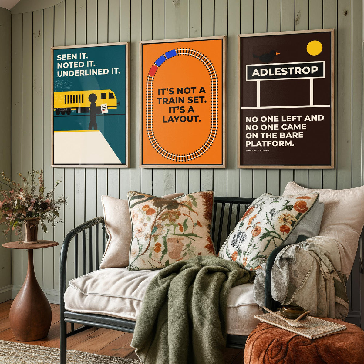 Railways Quotes Set of Three Art Prints - 3 Retro Bauhaus Trains Posters - Minimalist Travel Wall Art Illustration V2