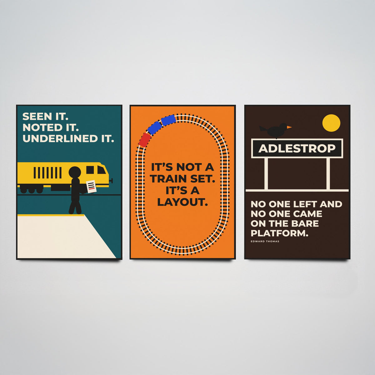 Railways Quotes Set of Three Art Prints - 3 Retro Bauhaus Trains Posters - Minimalist Travel Wall Art Illustration V2