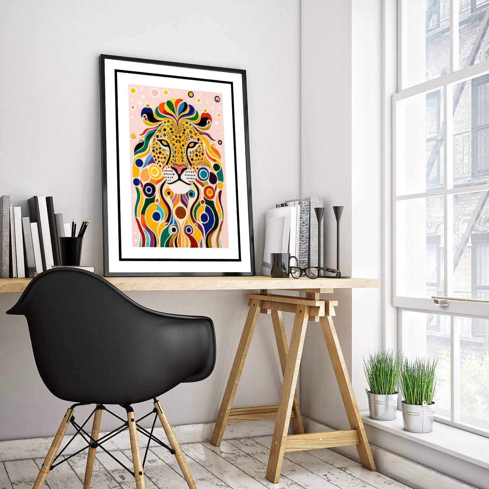Rainbow Lion Art Print - Colourful Big Cat Poster - Bold Folk Art Illustration - Lion Lover Wall Art 3/3