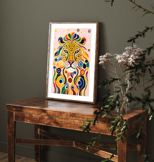 Rainbow Lion Art Print - Colourful Big Cat Poster - Bold Folk Art Illustration - Lion Lover Wall Art 3/3