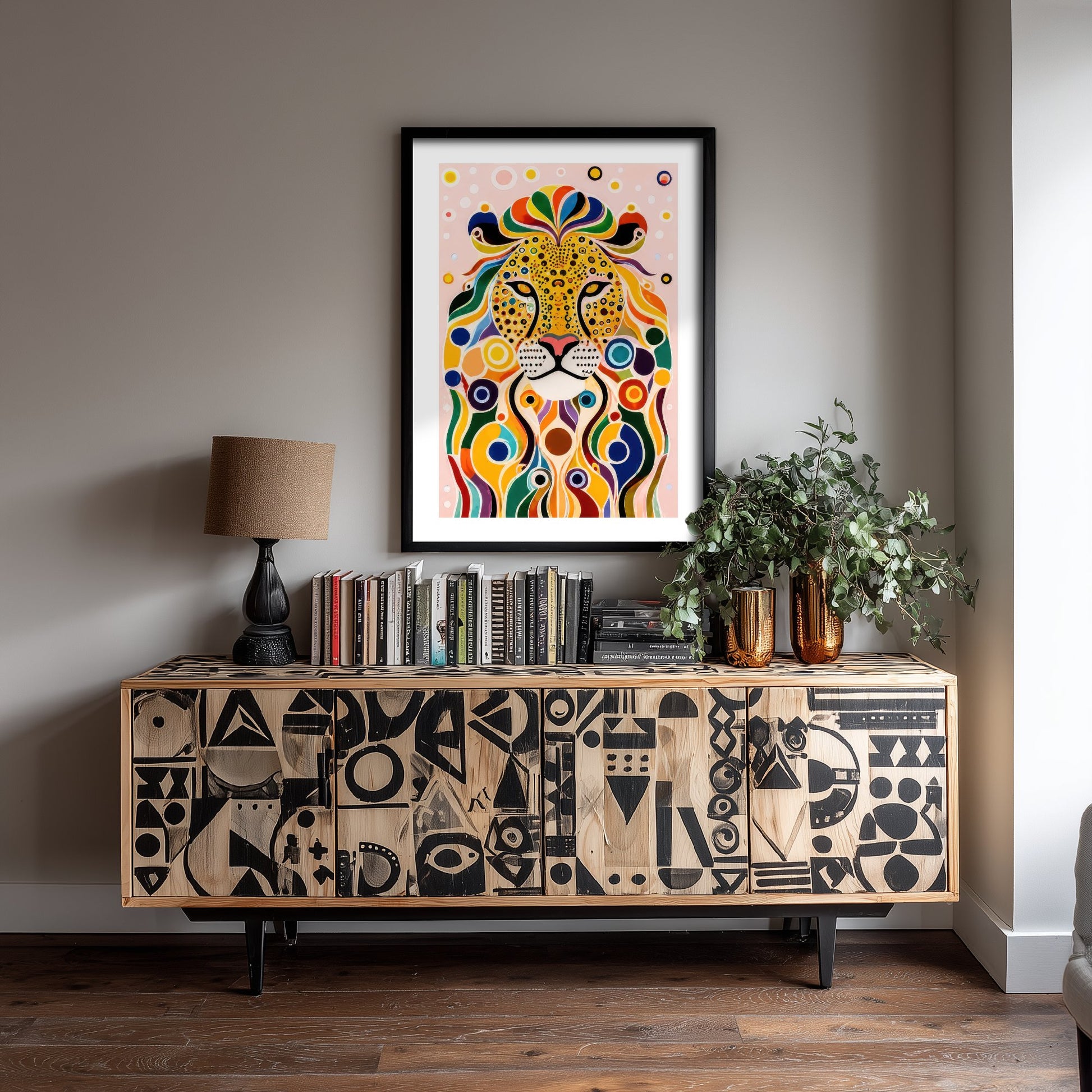 Rainbow Lion Art Print - Colourful Big Cat Poster - Bold Folk Art Illustration - Lion Lover Wall Art 3/3